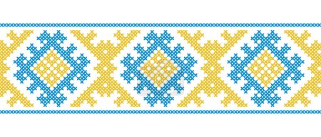 Illustration for Ukrainian geometric vector ornament, border, pattern. Ukrainian traditional embroidery. Ornament in yellow and blue colors. Pixel art, vyshyvanka, cross stitch. - Royalty Free Image