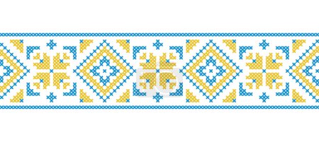 Illustration for Ukrainian vector ornament, border, pattern. Ukrainian traditional embroidery. Ornament in yellow and blue colors. Pixel art, vyshyvanka, cross stitch. - Royalty Free Image