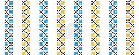 Illustration for Ukrainian vector seamless fashion pattern. Decoration in blue and yellow color. Ukrainian vertical stripes fashion pattern. Pixel art, vyshyvanka, cross stitch. - Royalty Free Image