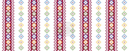 Kolorowy wektor w paski z nadrukiem, wzorem, ozdobą do tkanin lub tkanin. Karpacki Lemky kolorowy odcisk w paski. Sztuka pikseli, vyshyvanka, ścieg krzyżykowy. Ukraiński ludowy, etniczny nowoczesny design.