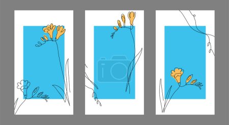 Téléchargez les illustrations : Modèles floraux de médias sociaux bleus et jaunes avec des fleurs freesia. Antécédents vectoriels minimalistes pour des messages ou des histoires. Un dessin d'art linéaire continu de fleurs de freesia. - en licence libre de droit