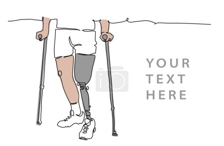Illustration for Person with prosthetic leg, artificial foot, limb use crutches. One continuous line art drawing of person below the waist with prosthesis. Simple vector illustration of prosthetic leg. - Royalty Free Image