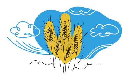 Wheat spikelets and sky simple vector line art illustration. One continuous line art drawing of wheat spikelets in colors of ukrainian flag blue and yellow.