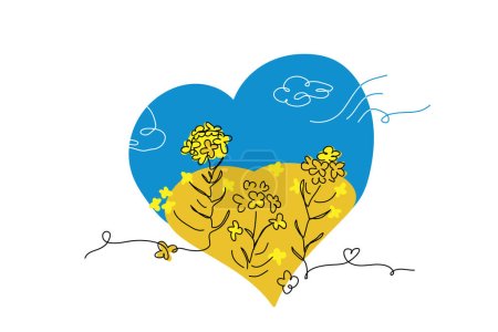 Rapeseed simple vector line art illustration. Ukrainian heart vector print in yellow and blue colors. One continuous line art drawing of rapeseed.