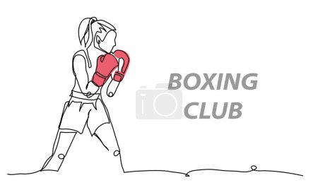 Boxing girl vector illustration. One continuous line art drawing of sporty boxing girl punching use red gloves.
