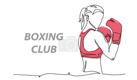 Ilustracja wektora bokserki. jeden ciągły linia sztuka rysunek sportowy bokser dziewczyna w czerwony rękawiczka.