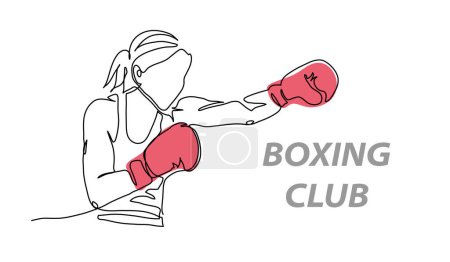 Boxen Frau Vektor Illustration. Eine durchgehende Linienzeichnung der sportlichen Boxerin beim Stanzen mit roten Handschuhen.