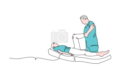 Leg rehabilitation therapy, massaging on a table. Physiotherapy treatment vector illustration. One continuous line art drawing of leg treatment.