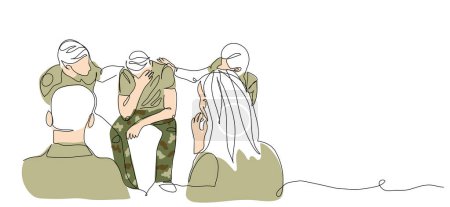 Illustration for Ptsd group session vector illustration. Veterans, soldiers with post traumatic stress disorder during rehabilitation group therapy. One continuous line art drawing. - Royalty Free Image