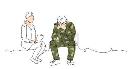 Illustration for Veteran, soldier and psychotherapist during ptsd therapy session. One continuous line art drawing of mental rehabilitation of soldier. - Royalty Free Image