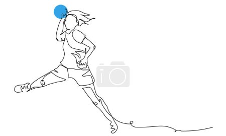 Handball player female throws the ball. One continuous line art drawing of handball player in jump.