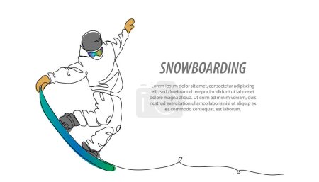 Snowboarder vector background, banner, poster. Snowboard tricks, freestyle, freeride. One continuous line art drawing illustration of snowboard tricks, winter sport.