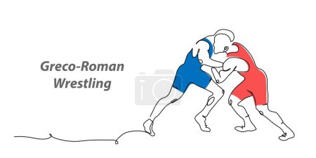 Greco roman wrestling vector background, banner, poster. One continuous line art drawing illustration of wrestling sport.