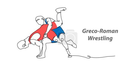 Greco roman wrestling vector background, banner, poster. One continuous line art drawing illustration of wrestling sport.