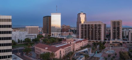 Aerial panorama of Tucson Arizona city center and Old Pima County Courthouse, drone view. 