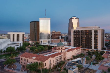 Photo for July 22, 2022. Tucson Arizona city center and Old Pima County Courthouse, drone view. - Royalty Free Image