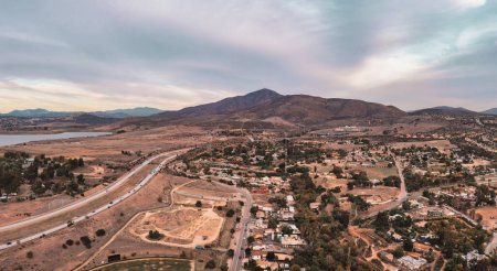 Photo for Sweetwater Reservoir and highway 125 in Chula Vista, San Diego County. Aerial panorama. - Royalty Free Image