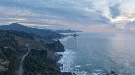 Highway 101 in Southern Oregon, drone aerial view. 