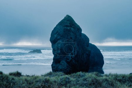 Téléchargez les photos : Sea stack at the Oregon Coast. Ocean view and stormy sky in distance - en image libre de droit