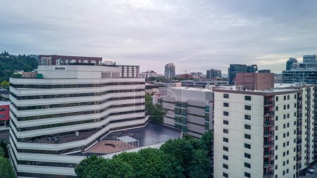 View of Portland State University Apartments and dorms. Aerial drone shot.