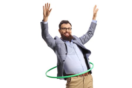 Photo for Happy bearded man spinning a hula hoop and smiling isolated on white background - Royalty Free Image