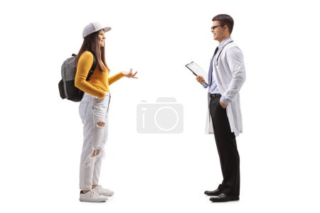 Photo for Female student talking to a male doctor isolated on white background - Royalty Free Image