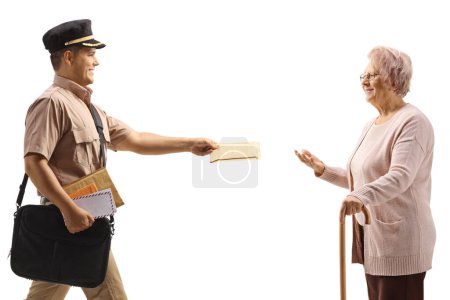 Photo for Profile shot of a mailman delivering a letter to an elderly lady  isolated on white background - Royalty Free Image