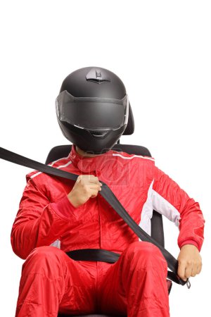 Photo for Car driver with a helmet fastening a seatbelt isolated on white background - Royalty Free Image