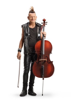 Photo for Punk musician with a mohawk posing with a cello isolated on white background - Royalty Free Image