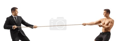 Photo for Businessman and a strong fit man pulling a rope isolated on white background - Royalty Free Image