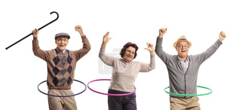 Photo for Happy senior people spinning hula hoops isolated on white background - Royalty Free Image