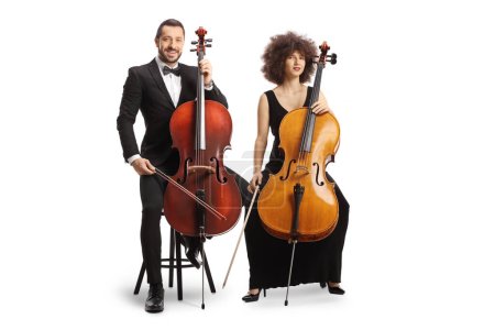 Photo for Male and female cellists from a music orchestra isolated on white background - Royalty Free Image