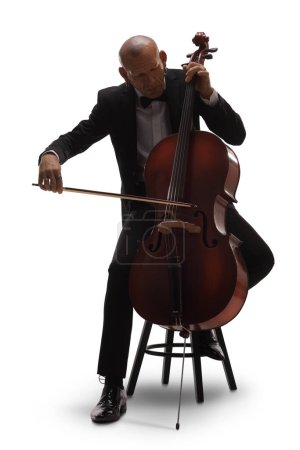 Photo for Man playing a cello instrument isolated on white background - Royalty Free Image