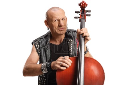 Photo for Punk musician with a cello isolated on white background - Royalty Free Image