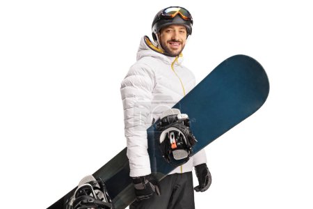Photo for Man in a jacket holding a snowboard isolated on white background - Royalty Free Image