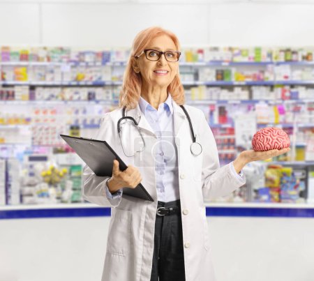 Foto de Doctora sosteniendo un modelo cerebral dentro de una farmacia aislada sobre fondo blanco - Imagen libre de derechos