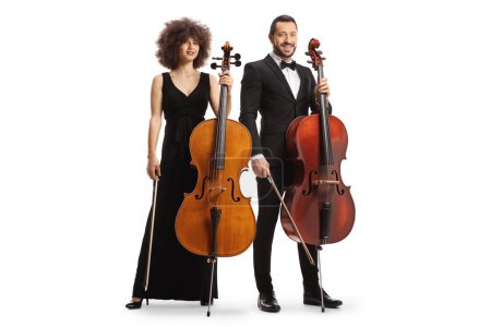 Photo for Male and female artists posing with cellos isolated on white background - Royalty Free Image