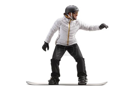 Photo for Happy man riding a snowboard with helmet isolated on white background - Royalty Free Image