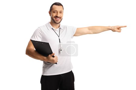 Photo for Male sports coach pointing and smiling isolated on white background - Royalty Free Image