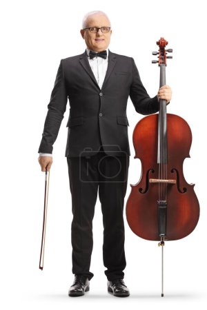 Photo for Mature man in a black suit holding a cello isolated on white background - Royalty Free Image