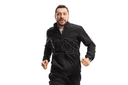 Photo for Man in black tracksuit running isolated on white background - Royalty Free Image