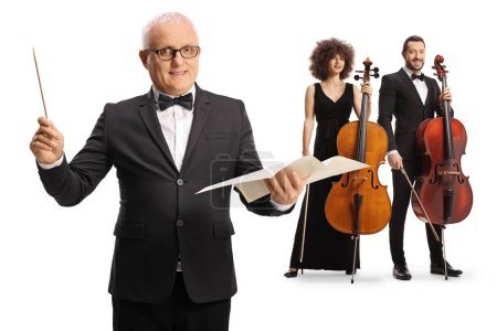 Photo for Male conductor and artists posing with cellos isolated on white background - Royalty Free Image