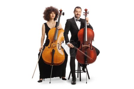 Photo for Elegant male and female musicians sitting on chairs with cellos isolated on white background - Royalty Free Image
