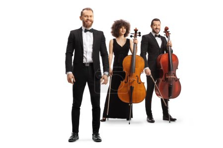 Photo for Young elegant musicians standing with cello instrument isolated on white background - Royalty Free Image