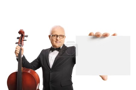 Photo for Elegant man with cello holding a blank cardboard isolated on white background - Royalty Free Image