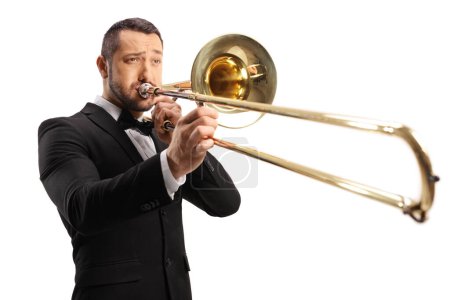 Photo for Young man playing a trombone isolated on white background - Royalty Free Image