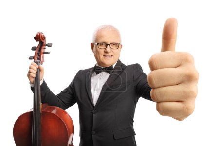 Photo for Male cellist gesturing thumbs up in front of camera isolated on white background - Royalty Free Image
