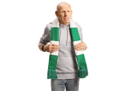Téléchargez les photos : Grumpy bald man with a green and white scarf isolated on white background - en image libre de droit