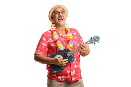 Téléchargez les photos : Mature male tourist playing ukulele and singing isolated on white background - en image libre de droit