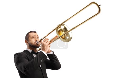 Photo for Elegant young man playing a trombone isolated on white background - Royalty Free Image